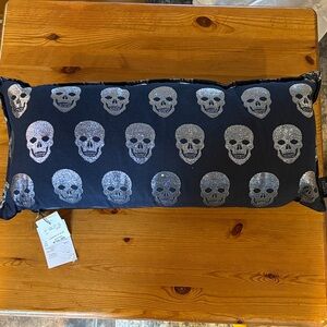Gothic Skull Pattern Black and Silver Accent Pillow with feathers and a zipper